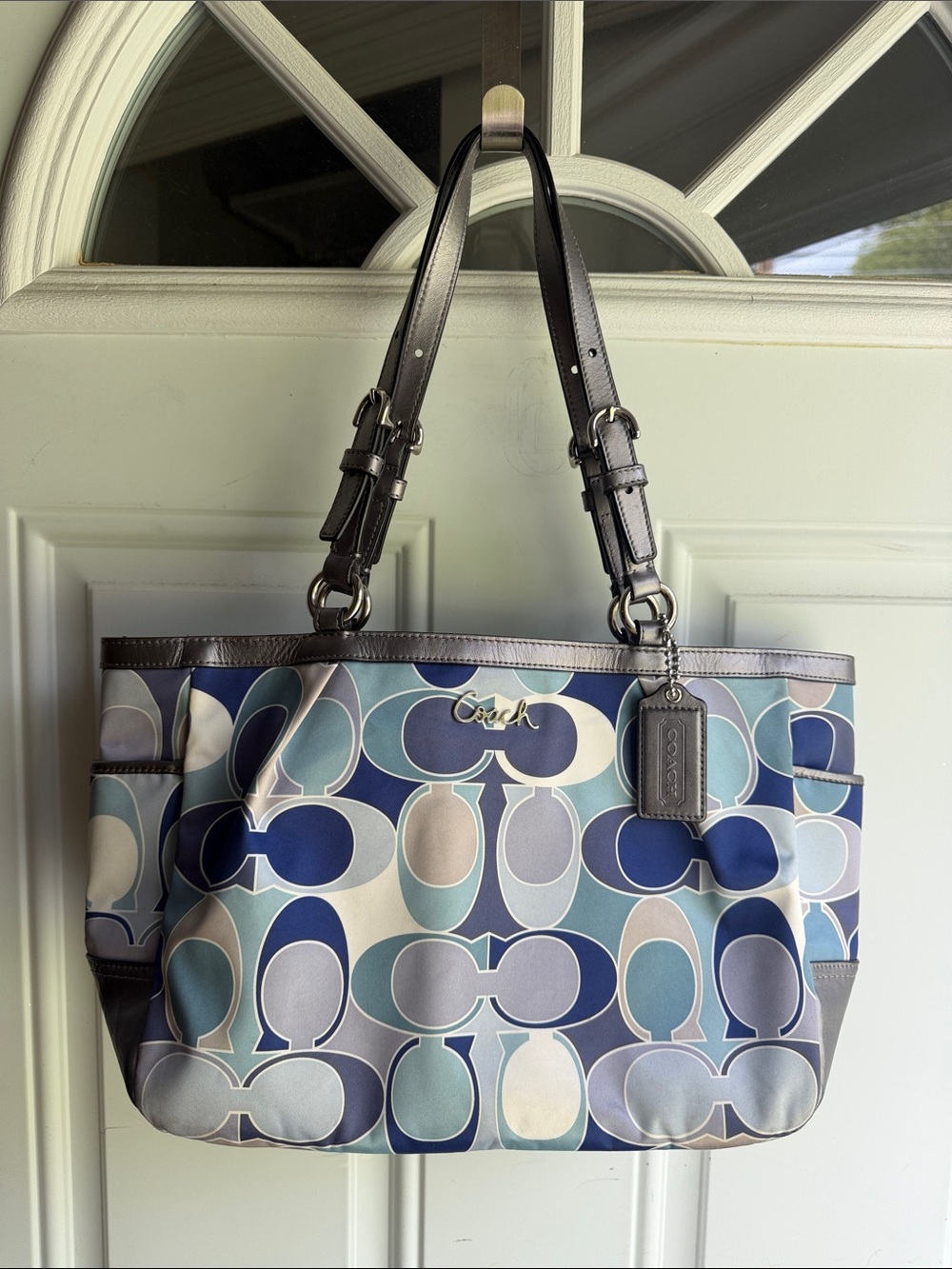 Coach Multicolor Blue Signature Pattern Tote with Leather Trim